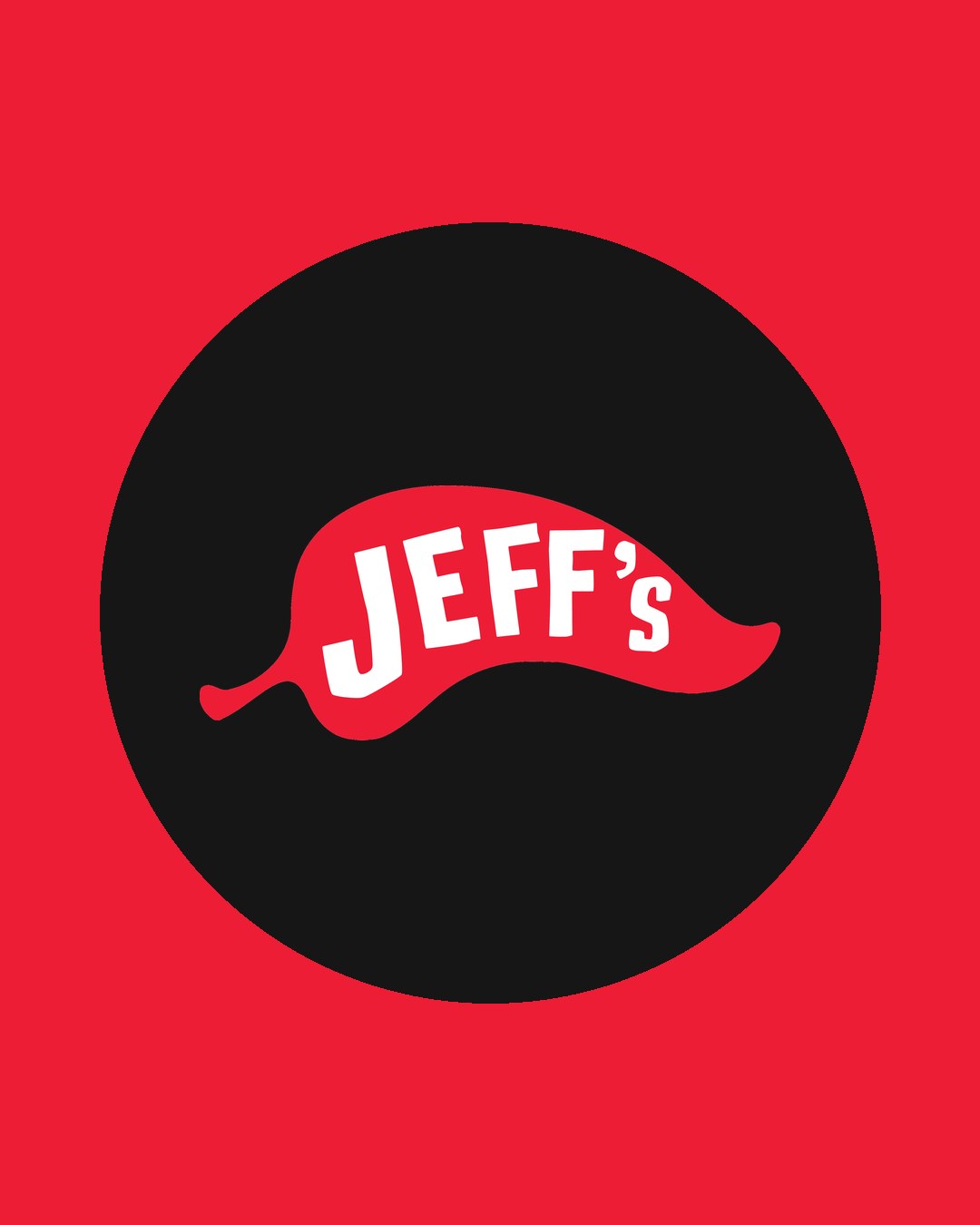 Logo Jeff's em vermelho sobre círculo preto