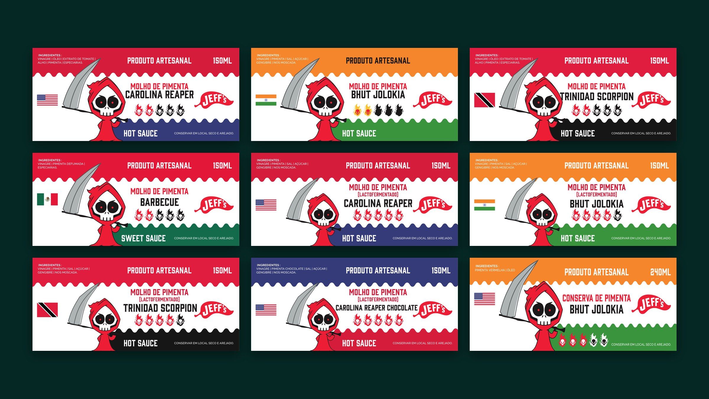 Nove rótulos da versão nova, com mascote e bandeira de origem de cada pimenta