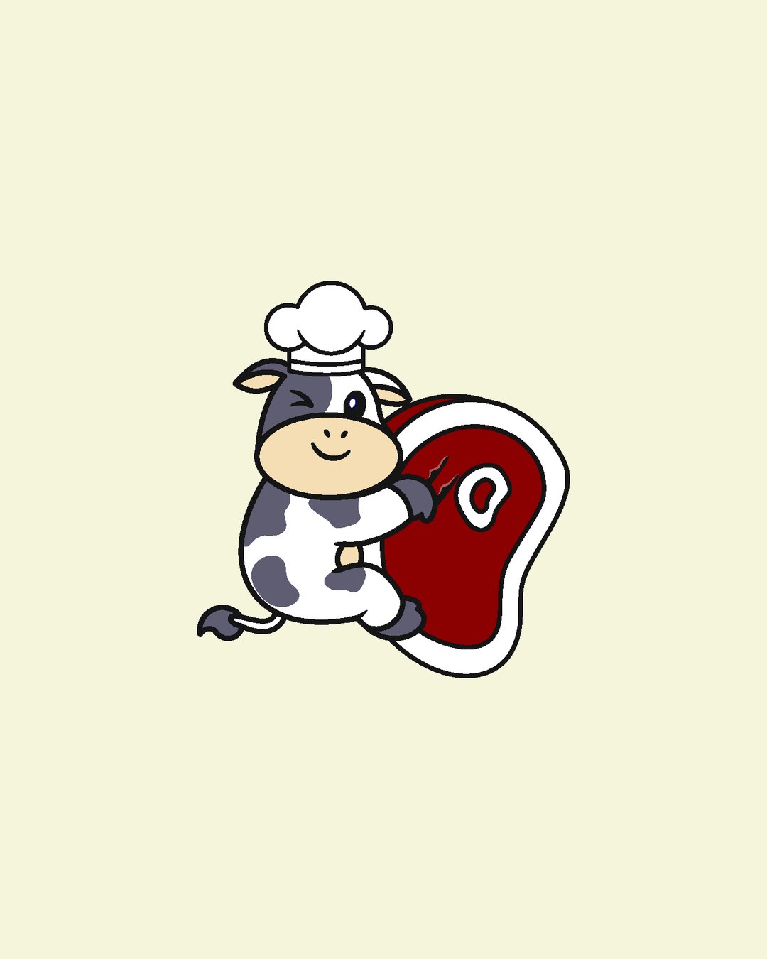 Mascote: vaca de chef segurando um corte de carne