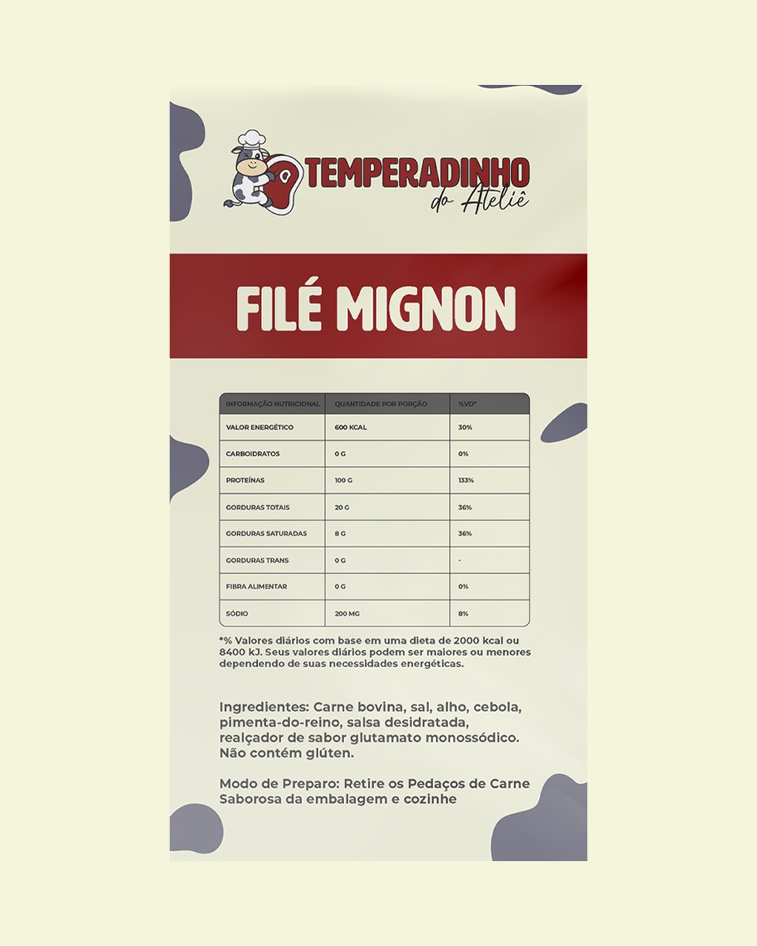 Rótulo de filé mignon com tabela nutricional
