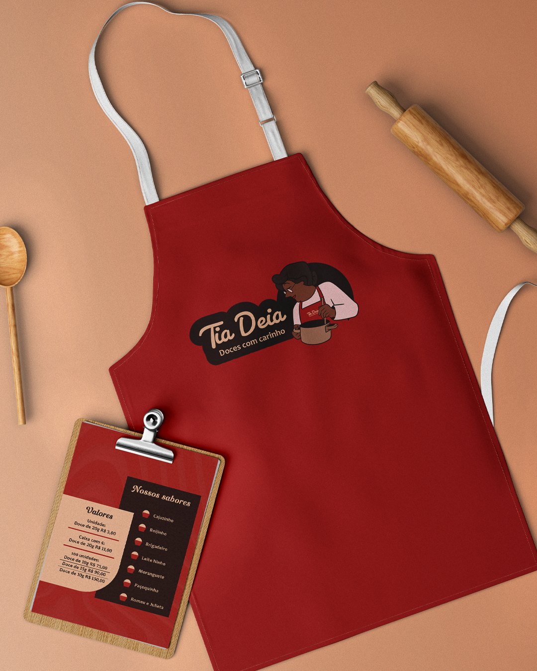Avental vermelho com o logo e cardápio na prancheta