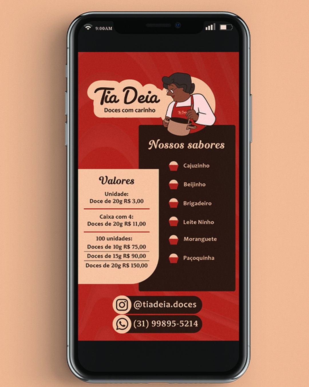 Stories com cardápio e valores no celular