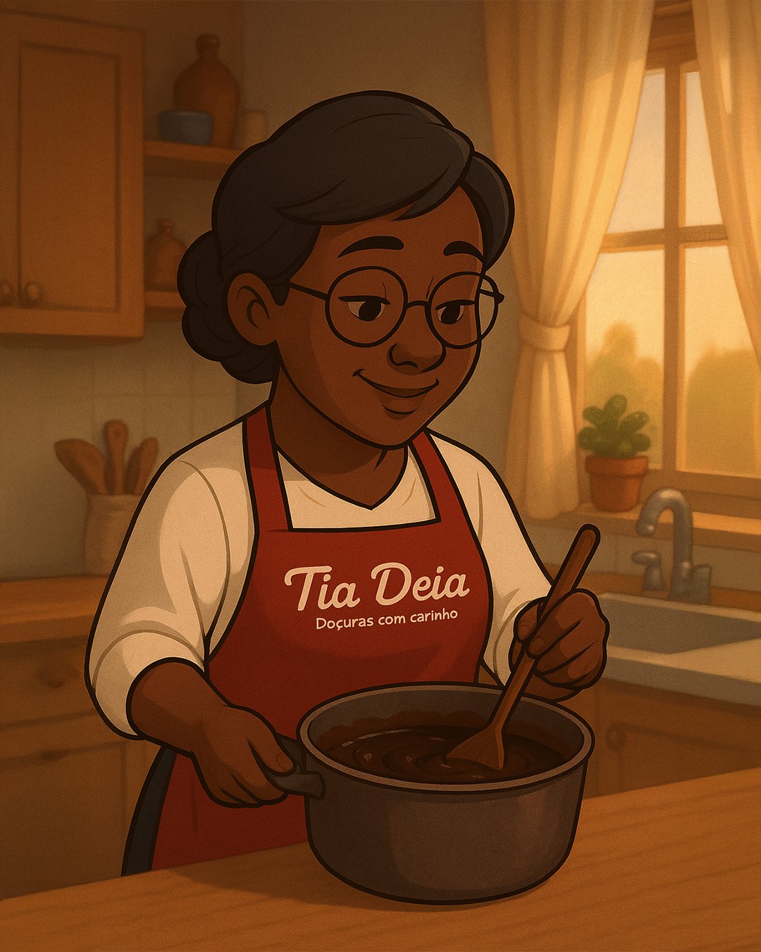 Ilustração da Tia Deia cozinhando, usada nos reels
